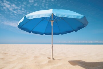Fototapeta na wymiar A blue umbrella sits atop a sandy beach, providing shade and relaxation. Perfect for summer vacation or beach-themed designs