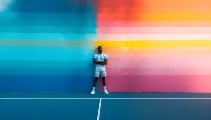 Junger Mann im Sportdress steht auf einem Tennisfeld vor einer bunten Wand (KI-/AI-generiert)