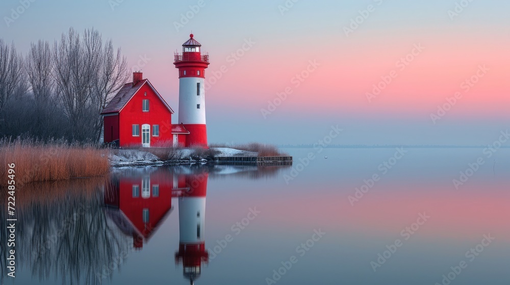 Poster a red and white light house sitting on top of a body of water next to a red and white boat.