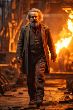 Karl Marx walking through a manufacturing hall in the 19th century (generative AI)