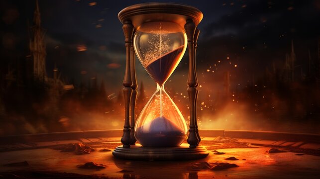 Sand running through the bulbs of an hourglass measuring the passing time in a countdown to a deadline, on a dark background. Neural network AI generated art