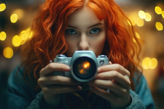 A woman capturing a moment with a camera. Ideal for photography enthusiasts and travel bloggers