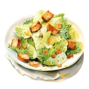 Watercolor-Style caesar salad with White Background