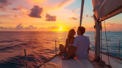 Fototapeten Embark on a picturesque sunset cruise, a romantic escape amidst the breathtaking coastal scenery. Relax, indulge, and cherish the tranquil moments together. © Nijat