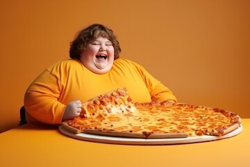 Overweight woman screaming while eating pizza isolated over orange background. Child with obesity....
