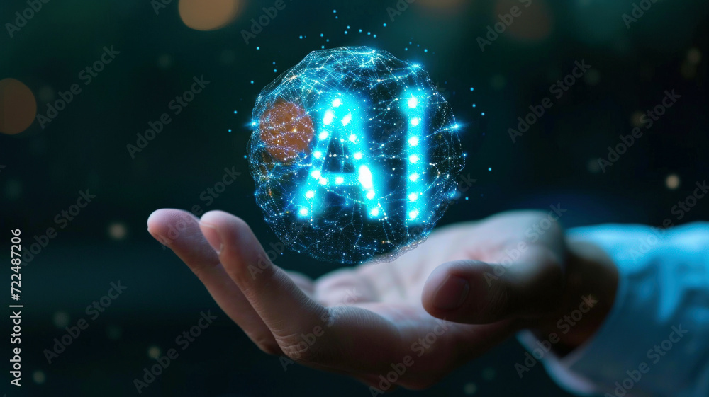 Poster futuristic ai technology on human hand, artificial intelligence digital tool on abstract dark backgr