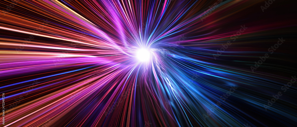 Poster abstract multicolored curve lines in dark space, perspective fast light trails in cyberspace. digita