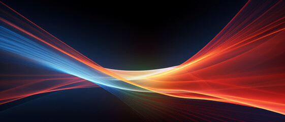 Multicolored neon curve lines on black background, digital glowing energy. Abstract pattern of colored waves of light in cyberspace. Concept of tech, trail, spectrum, data.
