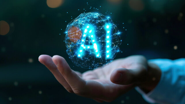 Futuristic AI technology on human hand, artificial intelligence digital tool on abstract dark background. Concept of data, tech, future, innovation and computer learning