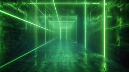 Futuristic concrete tunnel background, perspective of dark hallway and lines of green neon light....