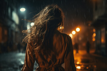 Obraz premium Lone young woman walks away down dark city street in rain, back view. Scared girl with long hair at night alone. Female person like in thriller or horror movie. Concept of fear, crime
