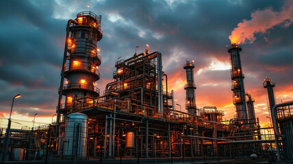 Factory in lights at sunset, scenery of oil and gas refinery plant or petrochemical industry. Chemical petroleum industrial buildings and sky. Concept of power, steel, facility - obrazy, fototapety, plakaty