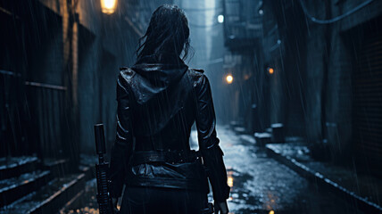Young woman in black jacket holding gun walks away at night, female spy or killer with weapon. Person on dark street like in thriller movie. Concept of murderer, mercenary, people - obrazy, fototapety, plakaty