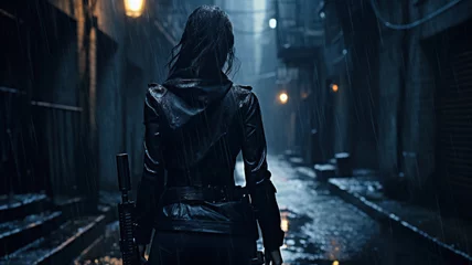 Foto op Canvas Young woman in black jacket holding gun walks away at night, female spy or killer with weapon. Person on dark street like in thriller movie. Concept of murderer, mercenary, people © scaliger