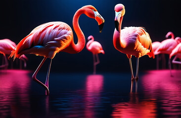 Pink flamingos on dark blurred background. 