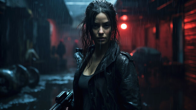 Young woman in black jacket holding gun at night, female spy or killer with weapon in rain. Adult girl on dark street like in thriller movie. Concept of detective, murderer, mercenary