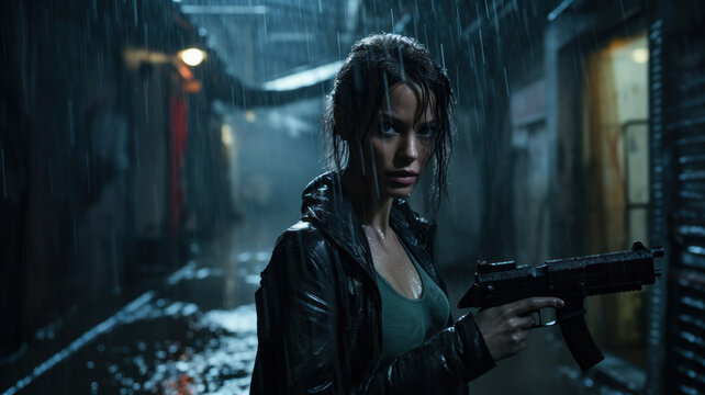 Young woman in black jacket holding gun at night, female detective or killer with weapon in rain. Adult girl on dark street like in thriller movie. Concept of spy, murderer, mercenary