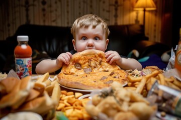 Little boy eating pizza in a cafe. Fast food for children. Child with obesity. Overweight and obesity concept. Obesity Concept with Copy Space.