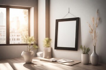 Modern Interior Design with Elegant Decor, Framed Artwork, Potted Plants, and Sunlight Streaming through a Large Window Overlooking the City