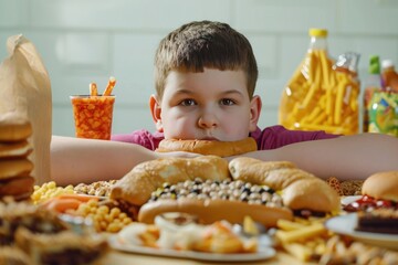 Little boy sitting at the table with hamburger and french fries. Child with obesity. Overweight and...