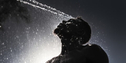 A man is seen spraying water on his face. This image can be used to depict refreshing oneself or for skincare and hygiene-related concepts - obrazy, fototapety, plakaty