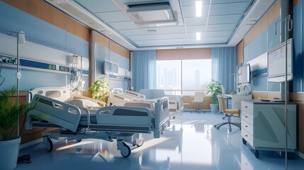 bright and clean hospital room with state-of-the-art medical equipment, providing a safe and comfortable environment for patients - obrazy, fototapety, plakaty