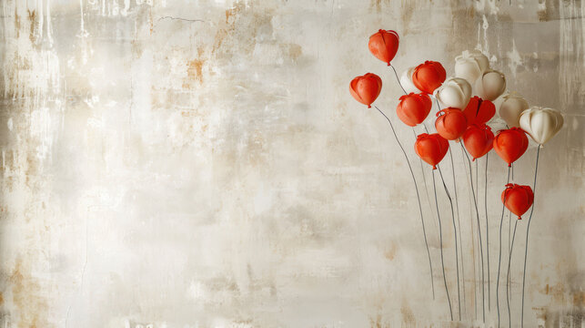  a painting of a bunch of red and white heart shaped balloons in front of a grungy white wall.
