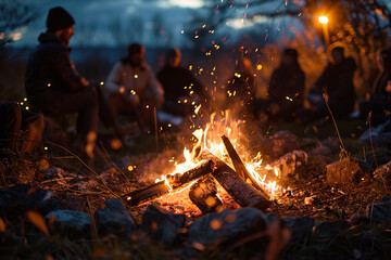 a group of people sitting around a campfire - obrazy, fototapety, plakaty