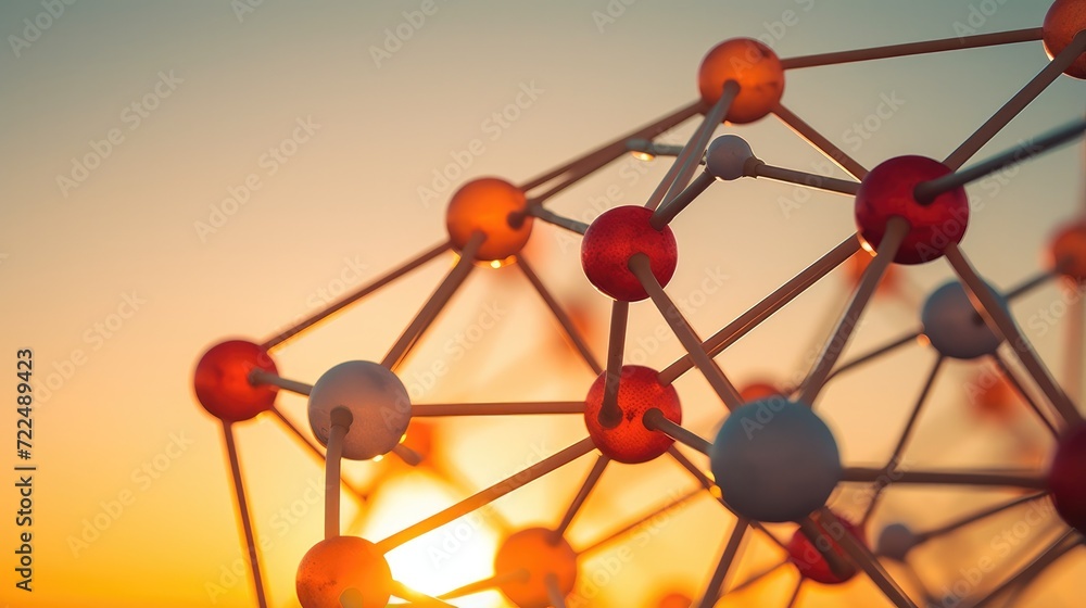 Poster a molecule structure with many colored balls. generative ai.