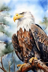 Foto op Plexiglas A painting of a bald eagle gracefully perched on a tree branch. Perfect for nature enthusiasts and wildlife lovers © Fotograf