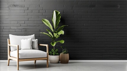  a chair next to a potted plant in front of a black brick wall with a white pillow on it.