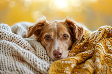 Dog under plaid. Pet warms under a blanket in cold winter weather. Pets friendly and care concept. Generative AI