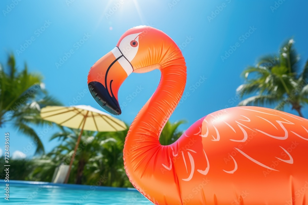 Aufkleber An inflatable flamingo floating in a pool with palm trees in the background. Perfect for summer and tropical-themed designs