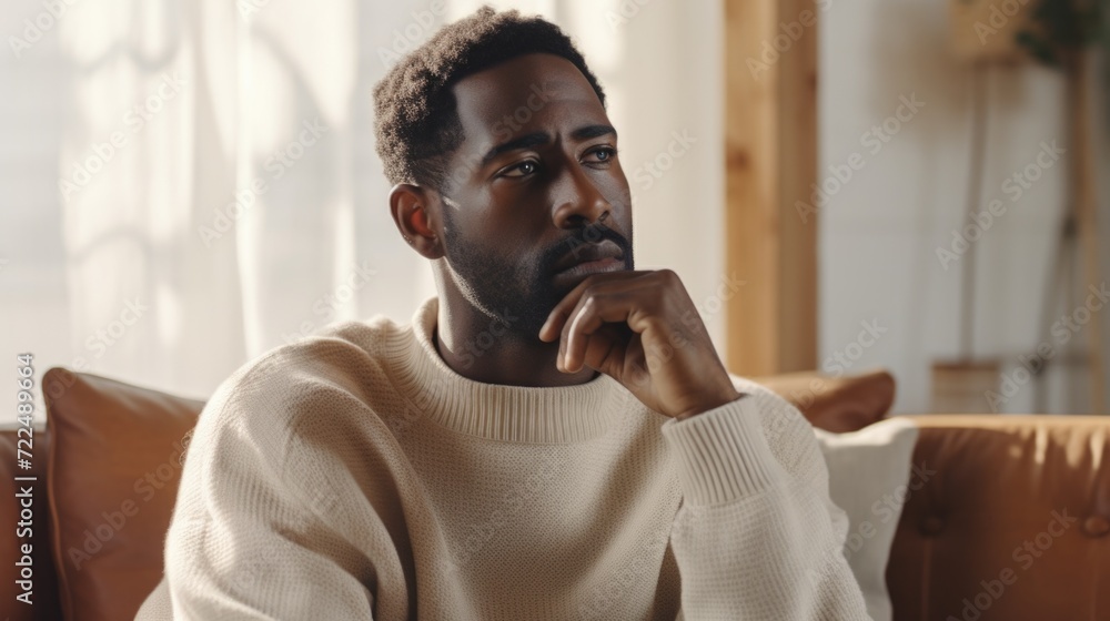 Poster a man sitting on a couch, deep in thought, with his hand resting on his chin. suitable for various c