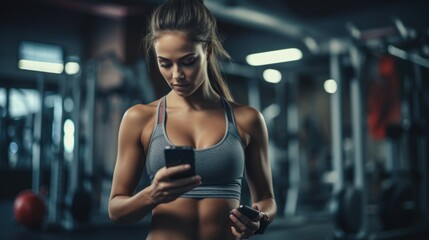 Fototapeta na wymiar AI-Powered Fitness App for Gym and Home Workout. Focused Female Athlete Using AI Fitness App at Gym.