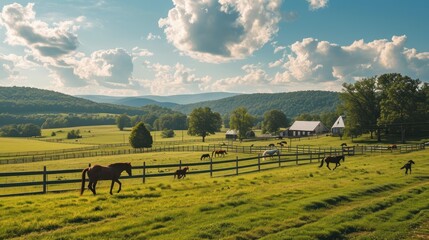 Fototapeta premium a herd of horses grazing on a lush green field next to a wooden fence with a barn in the background.