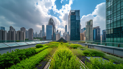 Serene rooftop garden oasis amidst towering skyscrapers, offering a tranquil escape from the bustling city below.