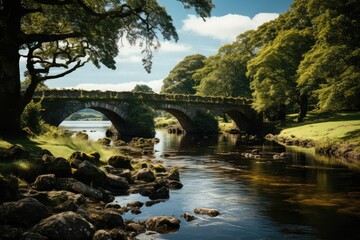 Fototapeta na wymiar Long bridge gracefully spanning across a tranquil river