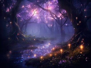 Mystical forest with a magical glowing purple tree standing tall and fireflies swirling - Powered by Adobe