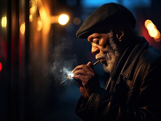 Passionate man playing a harmonica on a dimly lit street corner