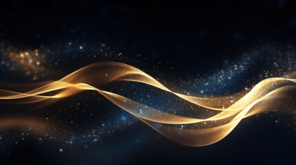 Digital art of shimmering golden waves flowing over a deep, starry, dark blue backdrop, evoking a sense of luxury and movement.