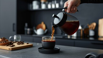  a person pours a cup of coffee from a black coffee pot into a glass on top of a counter.