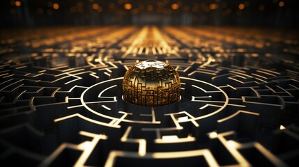 A conceptual image of a complex maze with golden edges and a central glowing sphere, symbolizing challenge and solution.