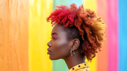 African american lesbian woman wearing multicoloured hair and standing on rainbow background