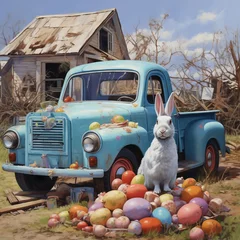 Gardinen cartoon scene with old truck and easter bunny - illustration for children © Soeren