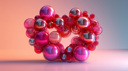 glass spheres on a red background, Immerse yourself in the kaleidoscope of love--a mesmerizing scene unfolds with a heart-shaped arrangement of multicolored spheres, intricately combining the beauty o