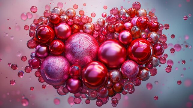red bubbles in water, Immerse yourself in the kaleidoscope of love--a mesmerizing scene unfolds with a heart-shaped arrangement of multicolored spheres, intricately combining the beauty of pink, red g