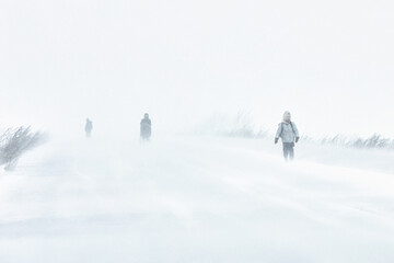 Fototapeta na wymiar A snowstorm in the city. People are walking down the street during a snowstorm. Strong wind and snowfall. Arctic climate..