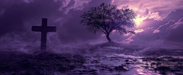 Dramatic Ash Wednesday Banner with Lone Tree and Cross. Conceptual Ash Wednesday image with a tree's shadow casting an ash cross on the ground, surreal purple sky