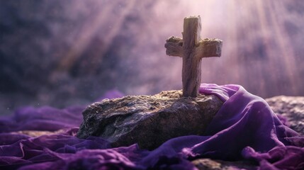 Ash Wednesday concept with a cross of ashes on a stone surface, purple cloth in the background, solemn and meditative mood, natural light. - obrazy, fototapety, plakaty